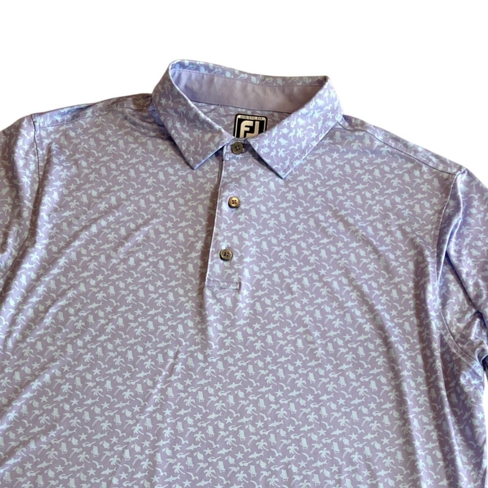 FootJoy Mens L Golf Polo Athletic Fit Purple Tropical Beach AOP Stretch Flex